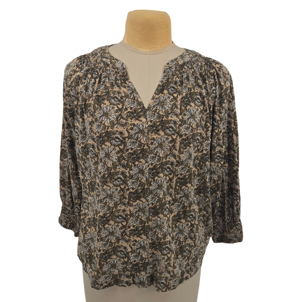 Pure Jill Smocked Block Printed Top M Floral V-Neck Boho Cotton Modal Earthy